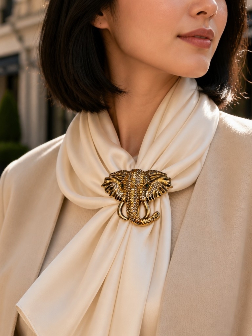 Gold Elephant Brooch Scarf Clip - Elegant Women's Jewelry
